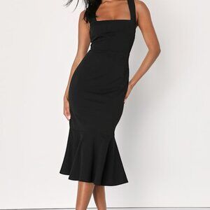 Lulus Moment Maker Black Square Neck Trumpet Midi Dress - Size M